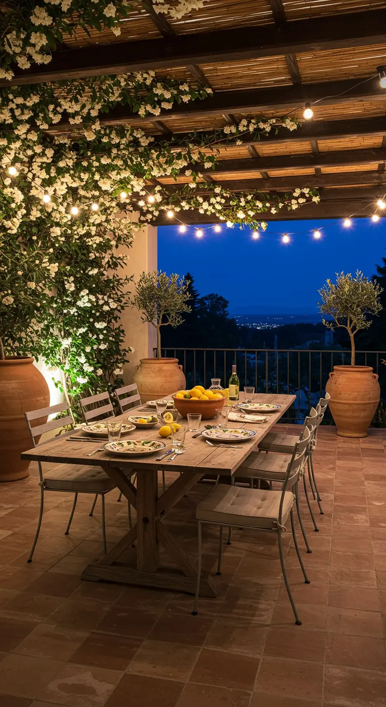 Terras met lange eettafel, sfeervolle lichtslingers en grote terracotta potten.