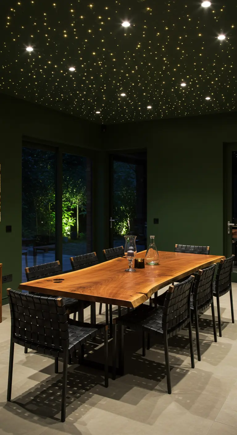Eetkamer met donkergroene muren en een plafond met led-lichtjes als sterrenhemel.