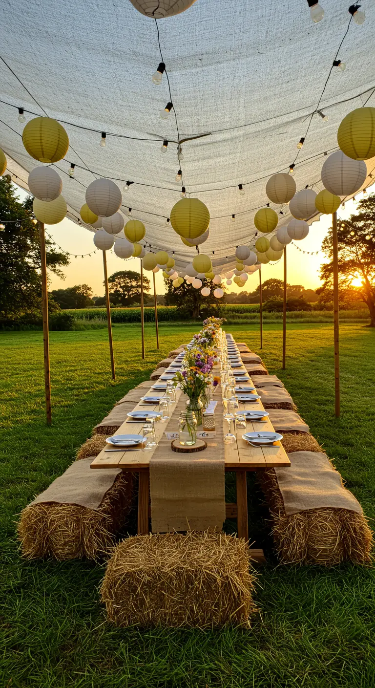 Lange eettafel in een weiland met hooibalen en lampionnen.