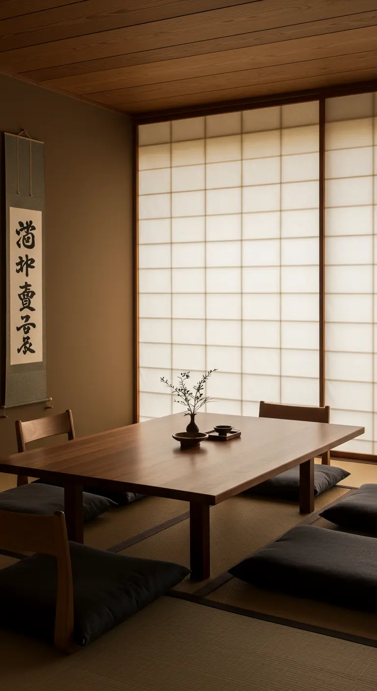 Traditionele Japanse eetkamer met lage tafel, vloerkussens en shoji-scherm.