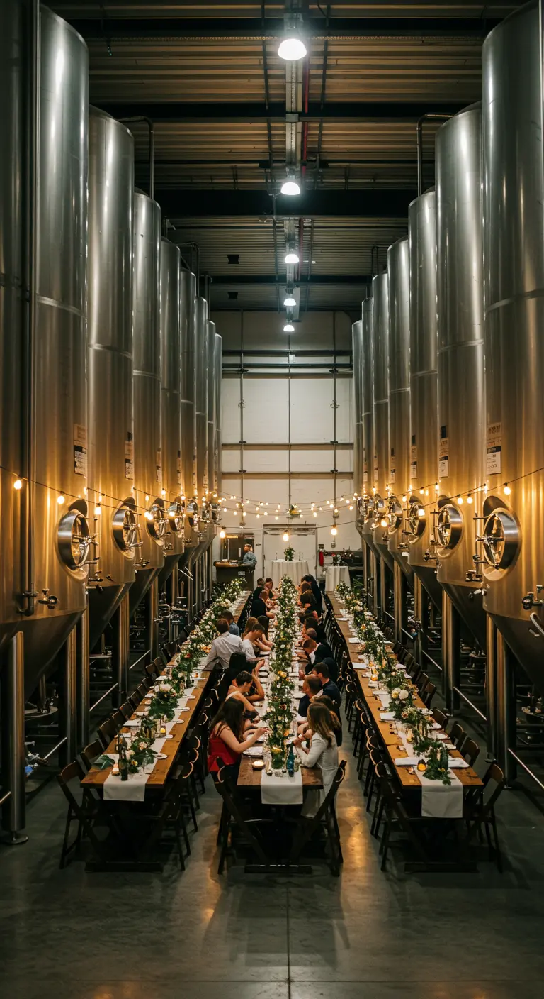 Lange dinertafel opgesteld tussen de grote stalen tanks van een brouwerij.