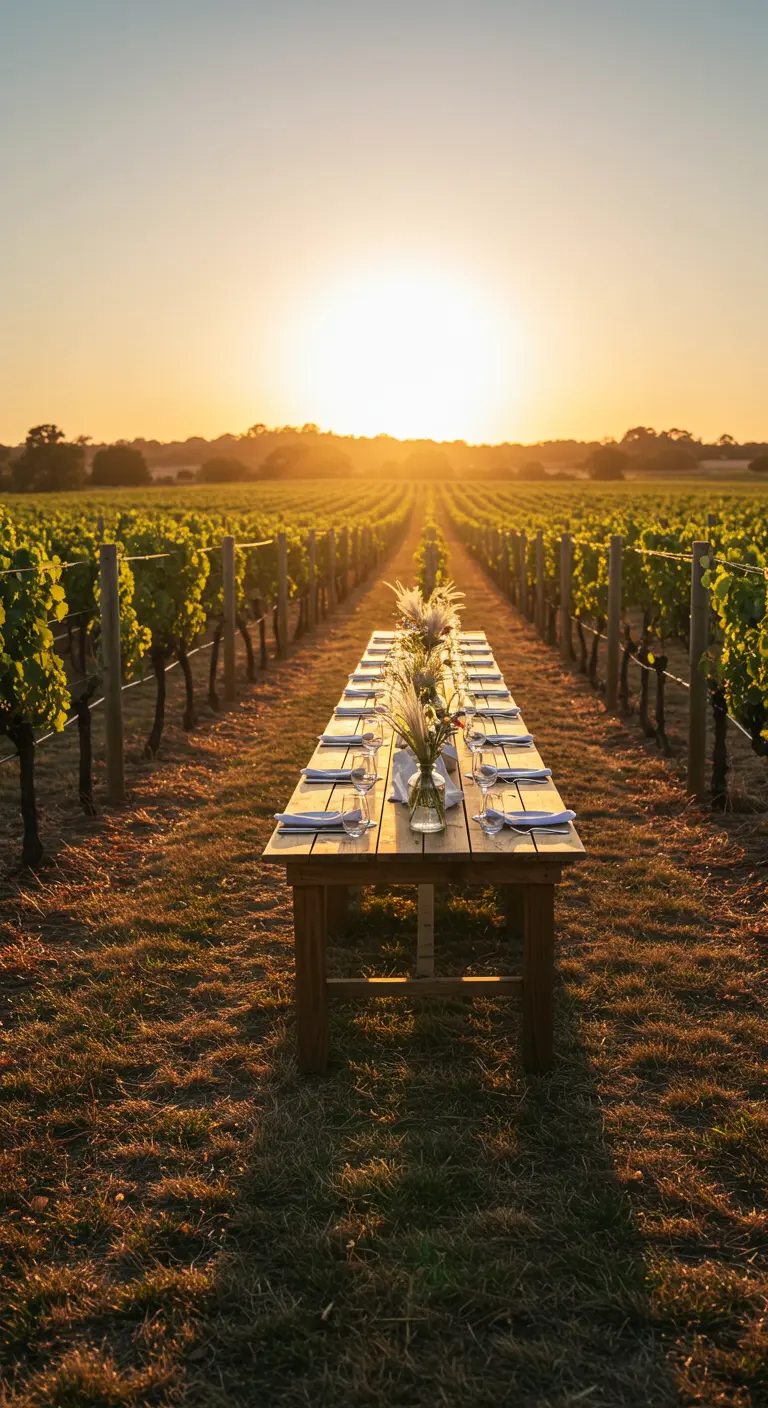 Lange eettafel in een wijngaard bij zonsondergang, gedekt met vazen en servies.