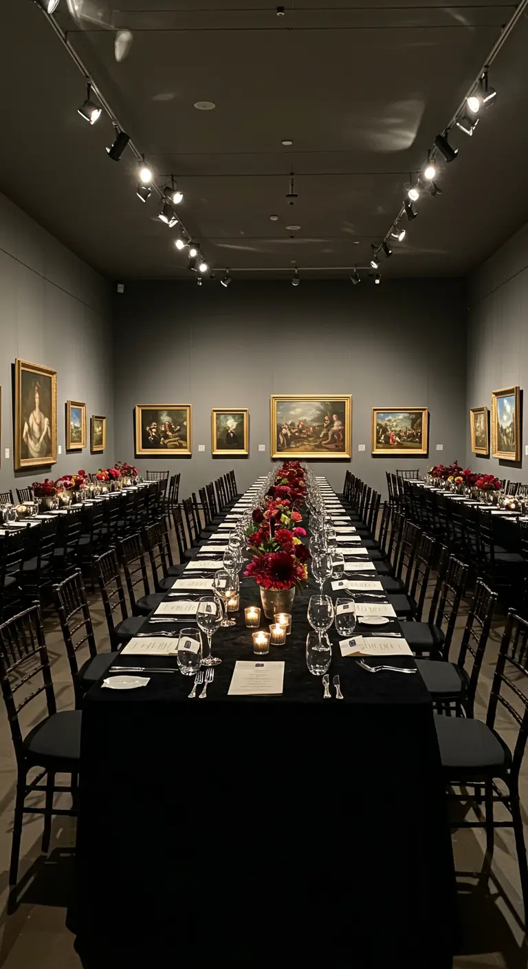 Lange, zwarte dinertafels in een kunstgalerie, omringd door klassieke schilderijen.