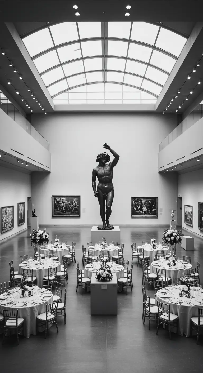 Zwart-witfoto van een trouwreceptie in een kunstmuseum, met een groot standbeeld als middelpunt.