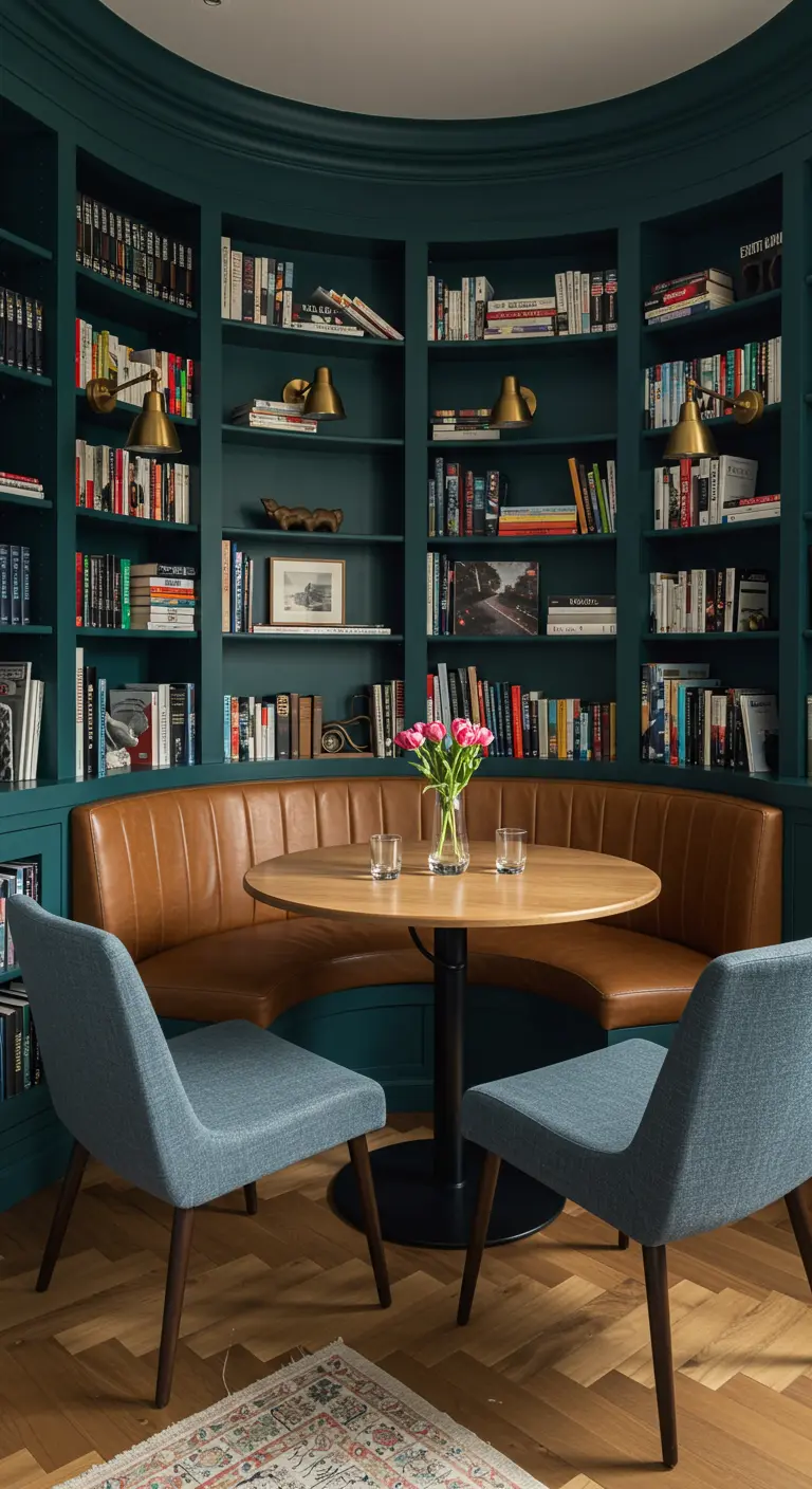 Eethoek in een bibliotheek met donkergroene boekenkasten en een bruine leren bank.