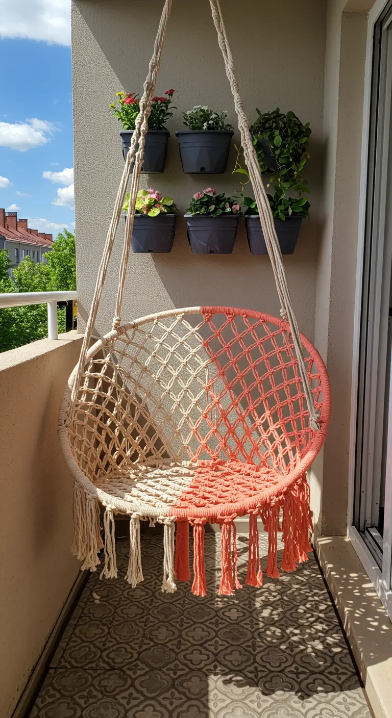Macramé hangstoel met een koraalroze dip-dye effect op een balkon met patroontegels.