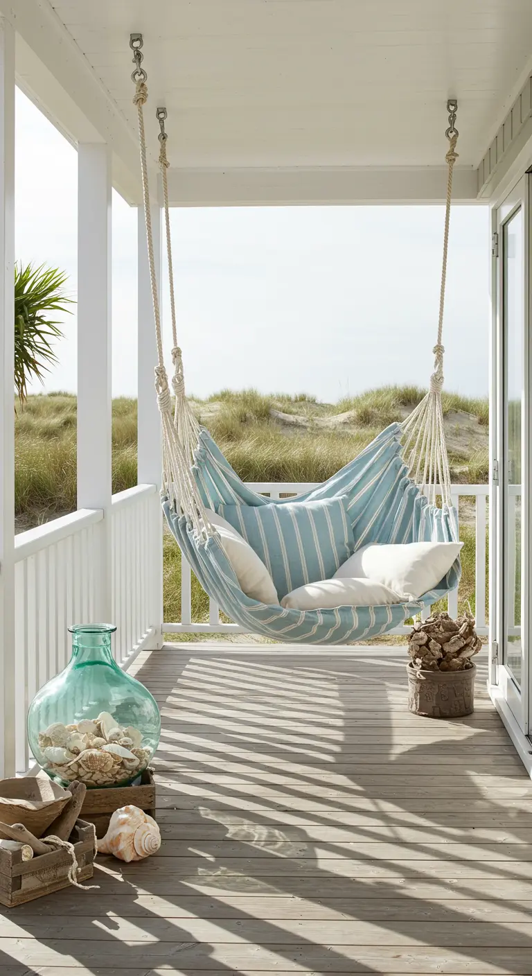 Blauw-wit gestreepte hangmat op een witte veranda, gedecoreerd met schelpen en drijfhout.