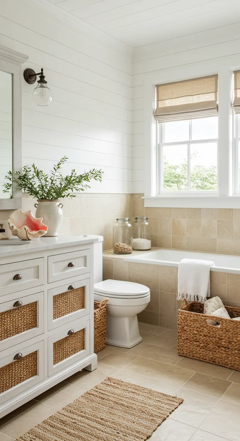 Badkamer in strandstijl met wit meubel met rieten manden en beige tegels.