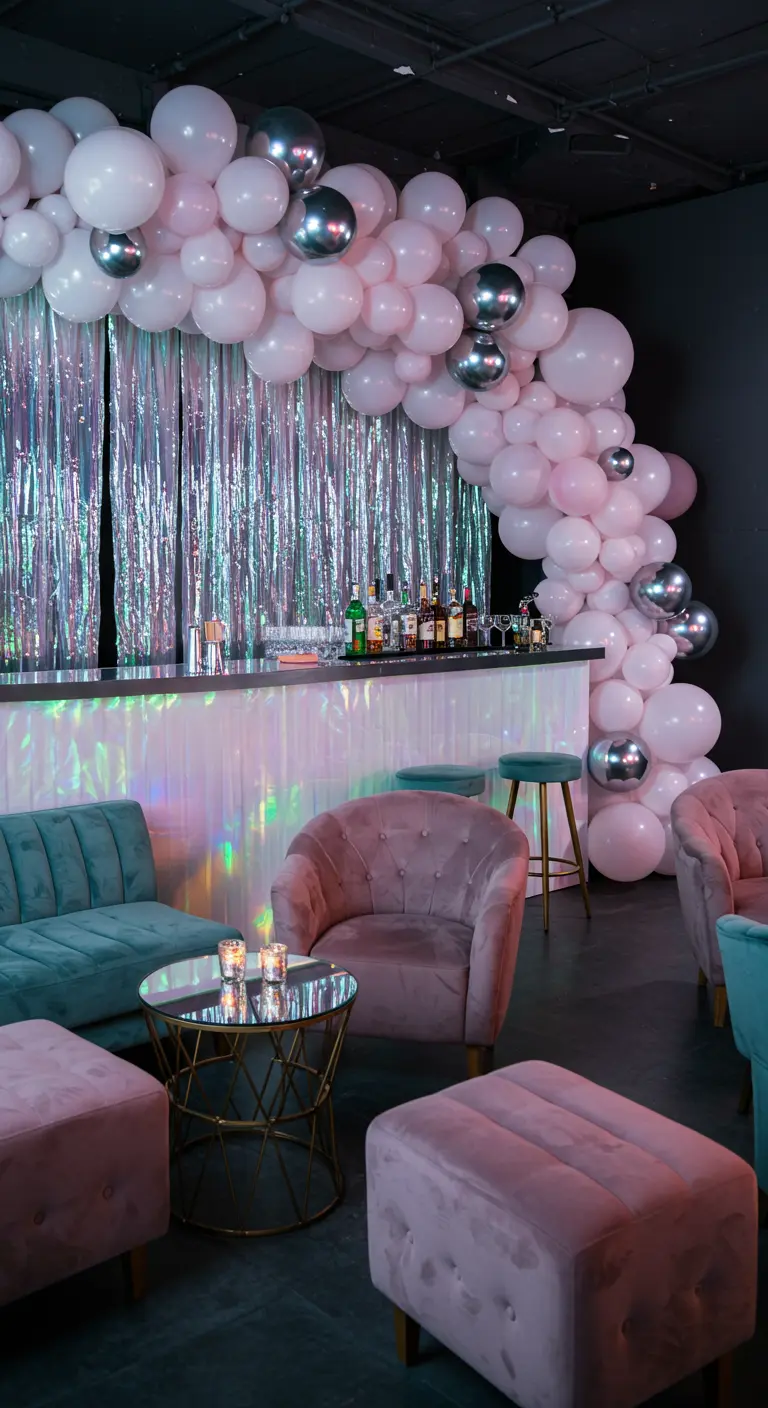 Feestelijke bar met iriserende voorkant, roze ballonnenboog en fluwelen stoelen.