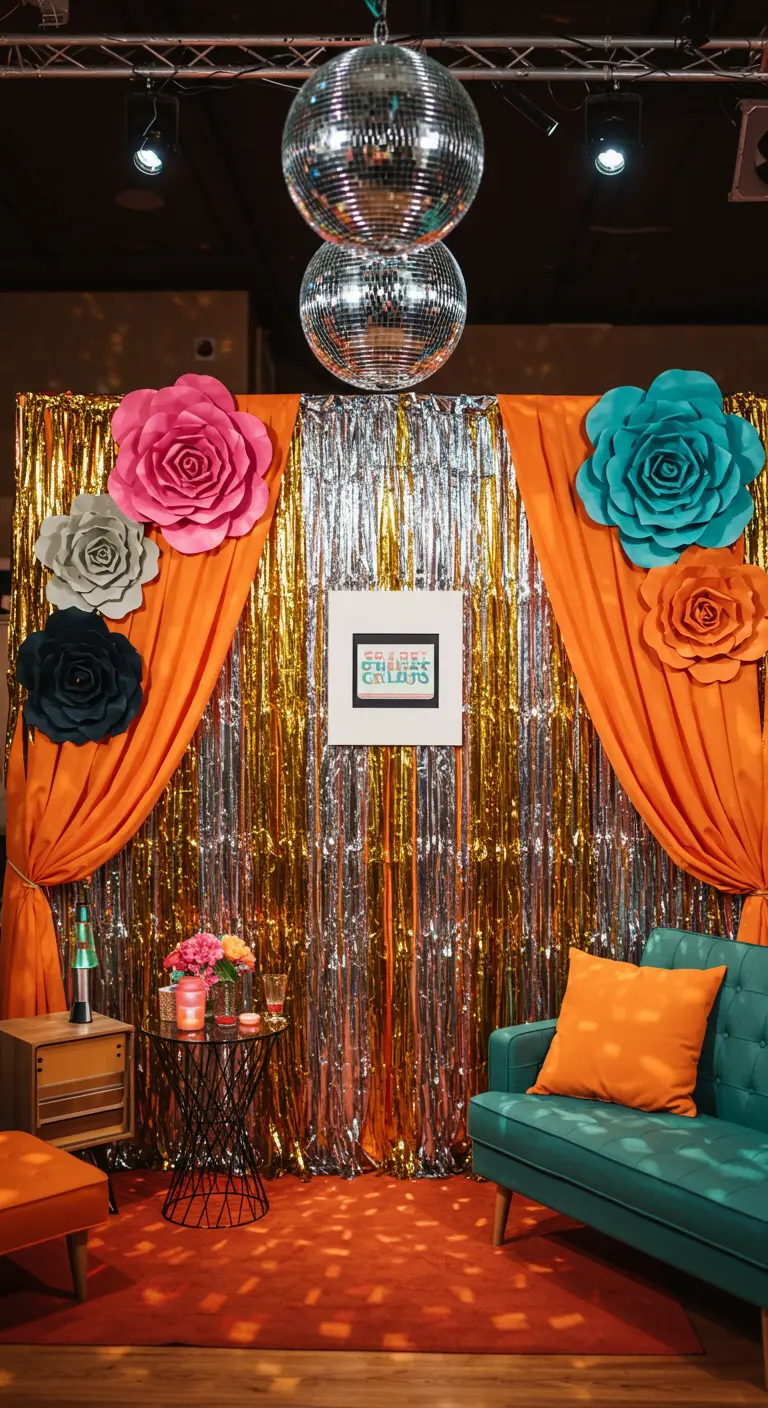 Discothema backdrop met lametta, papieren bloemen en discoballen.