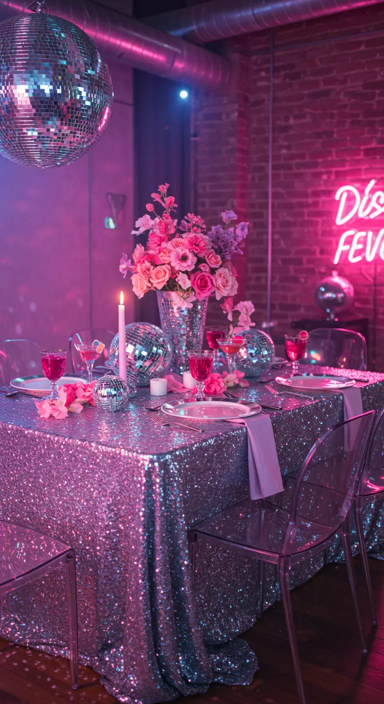 Disco-thema tafel met zilveren pailletten, discoballen en roze neonlicht.