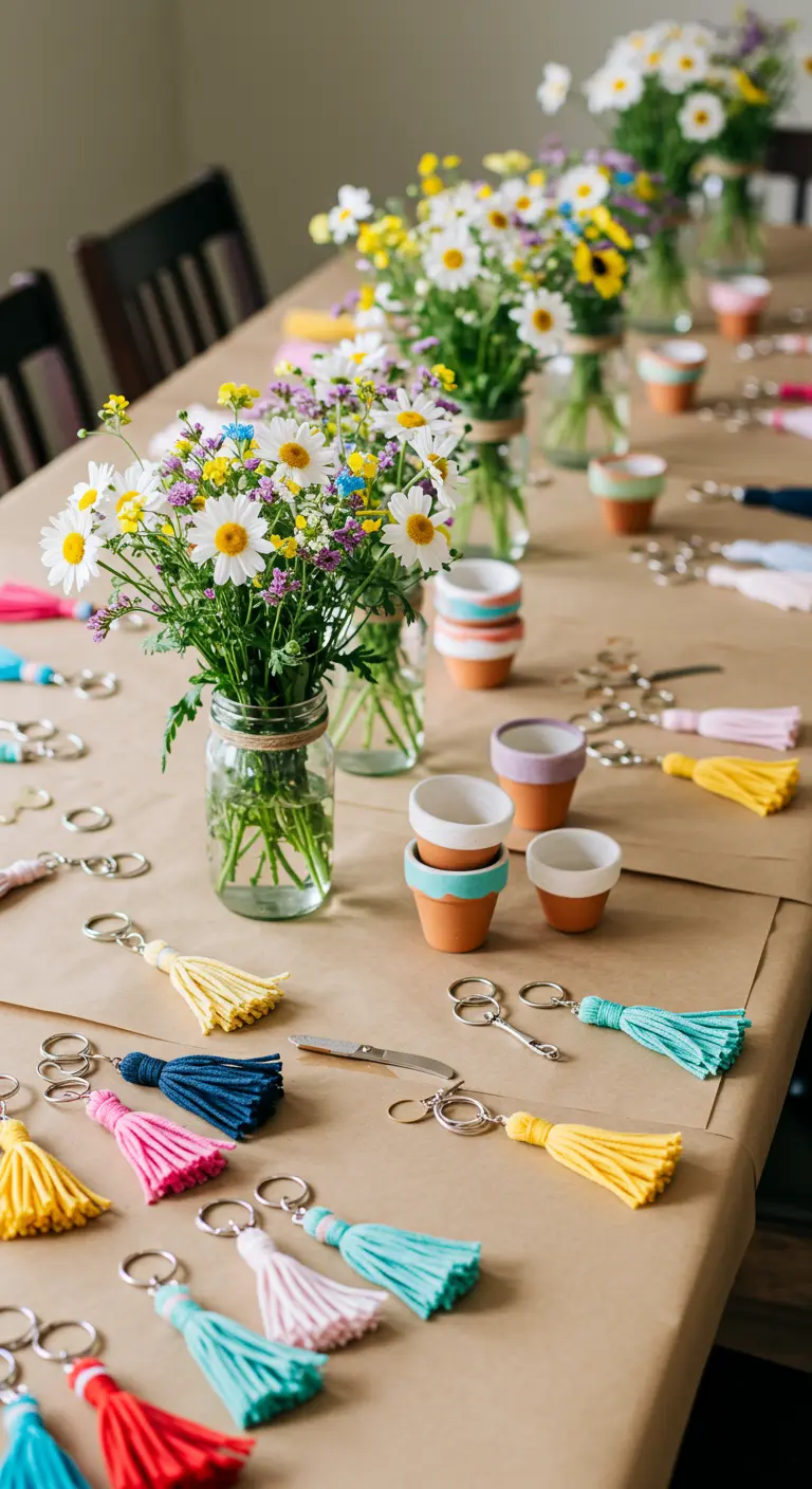 Tafel vol met materialen om zelf kwast-sleutelhangers te maken.