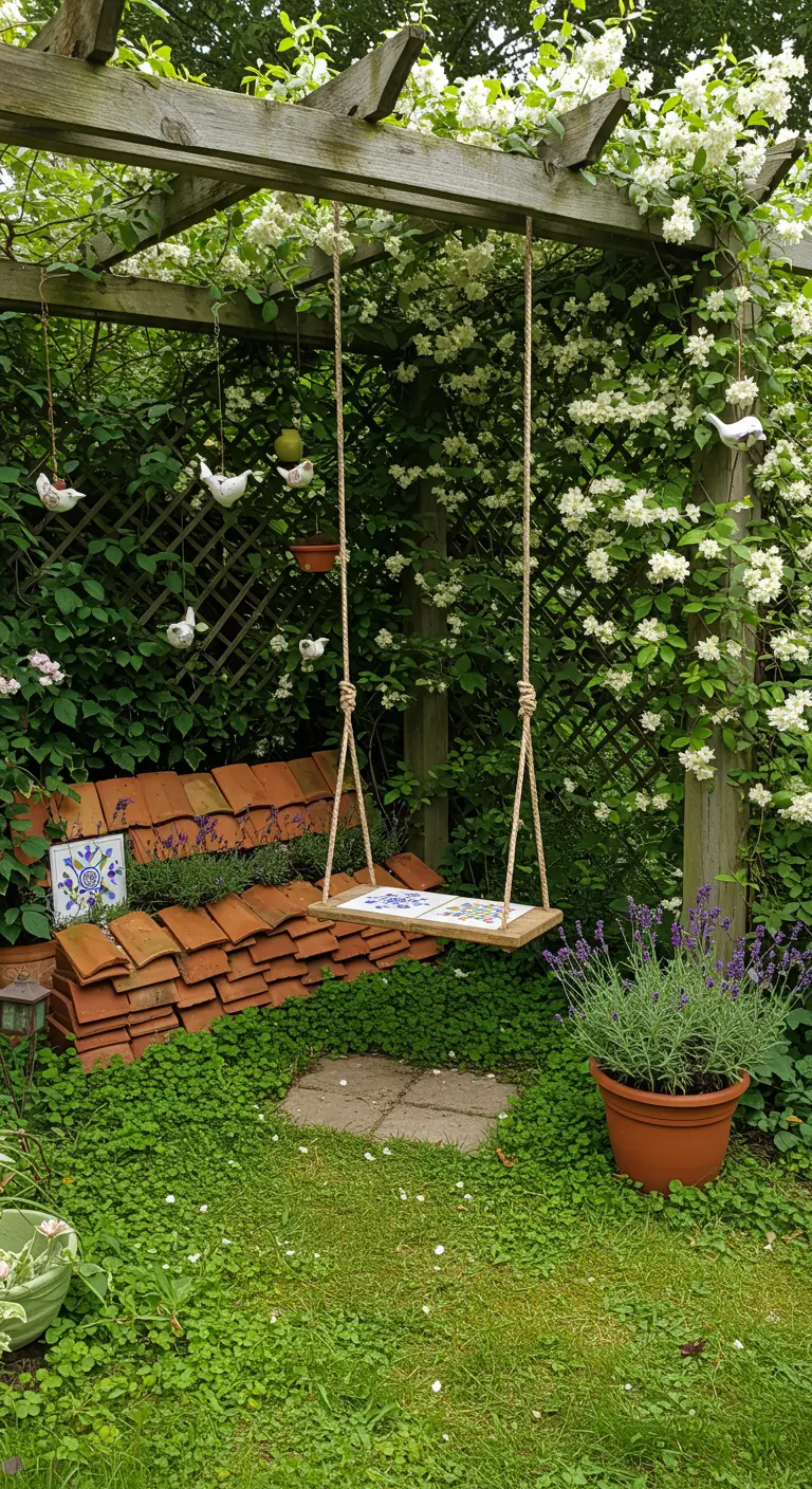 Houten schommel in een groene tuin naast een bankje gemaakt van gestapelde dakpannen.