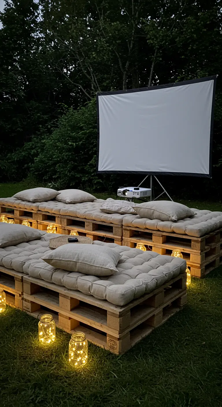 Buitenbioscoop met loungebanken van pallets en lichtjes in glazen potten in het gras.