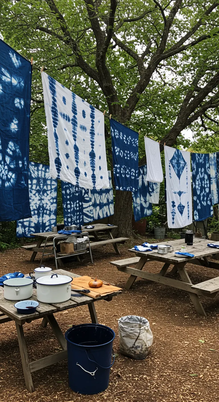 Blauw-witte Shibori-doeken hangen te drogen aan een waslijn in de tuin.