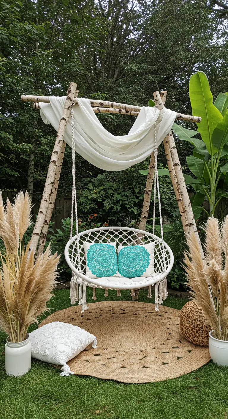 Macramé hangstoel met turquoise kussens in een zelfgemaakt frame van berkenstammen.