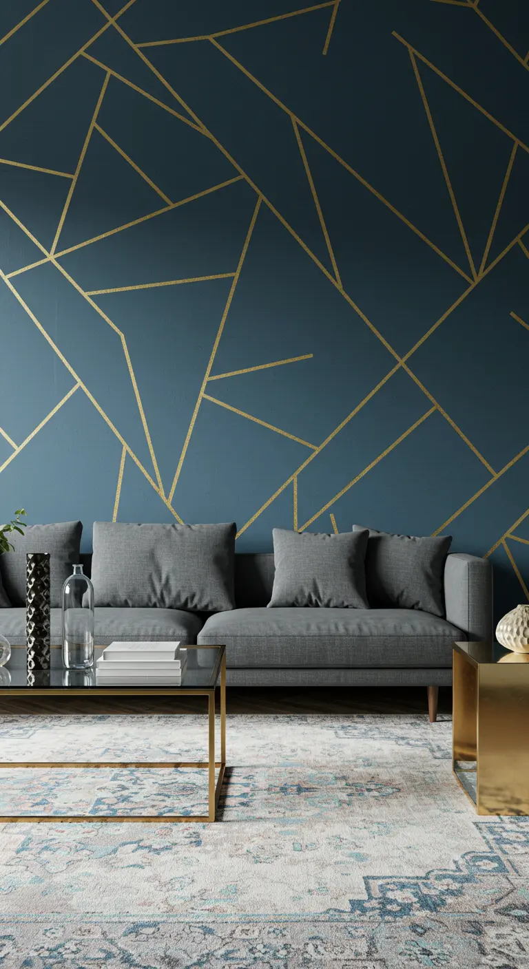 Donkerblauwe accentmuur met een geometrisch patroon van gouden lijnen.