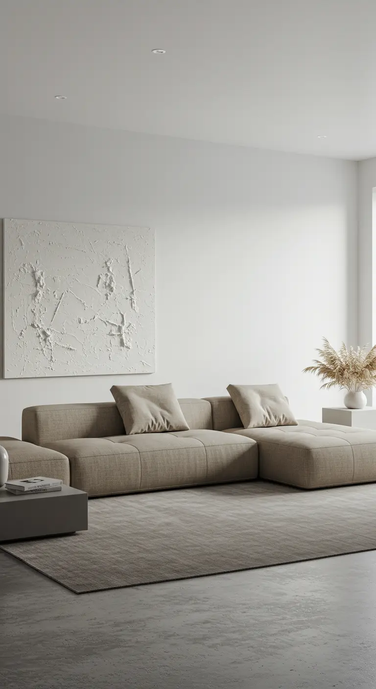 Moderne woonkamer met een strakke beige hoekbank en een groot wit, abstract textuurkunstwerk aan de muur.