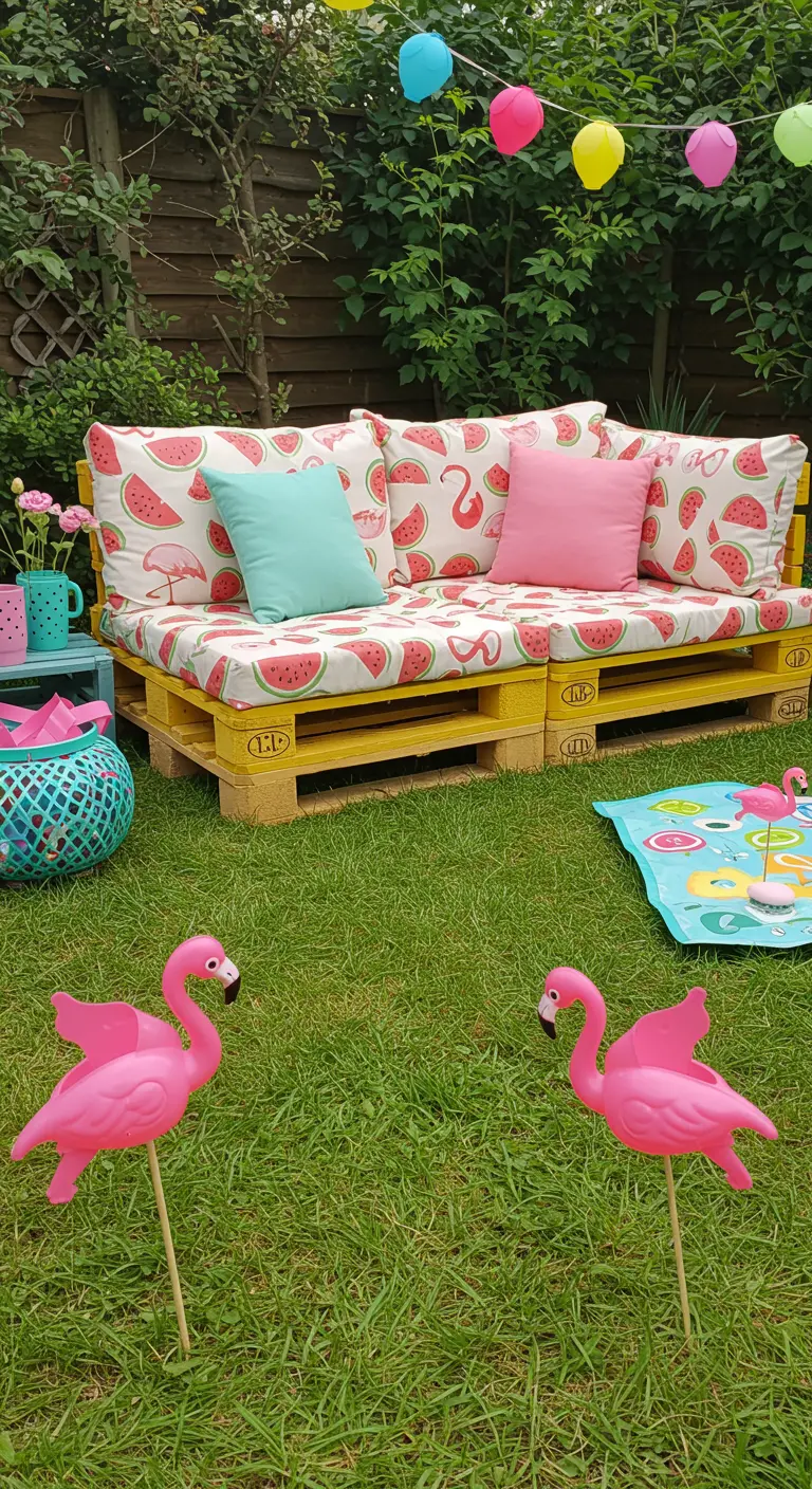 Gele palletbank in de tuin met kussens met watermeloenprint.