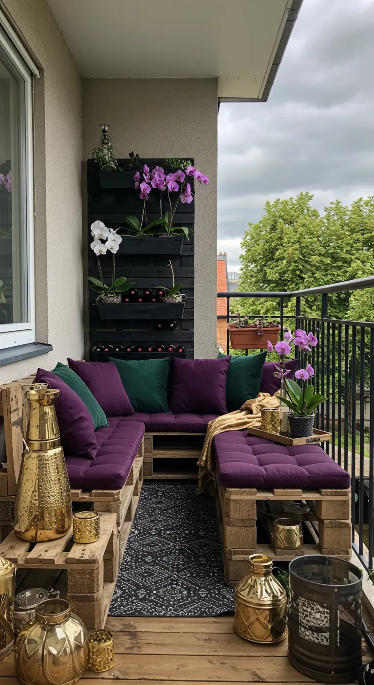 Loungehoek van pallets met dieppaarse kussens, groene accenten en veel gouden lantaarns.