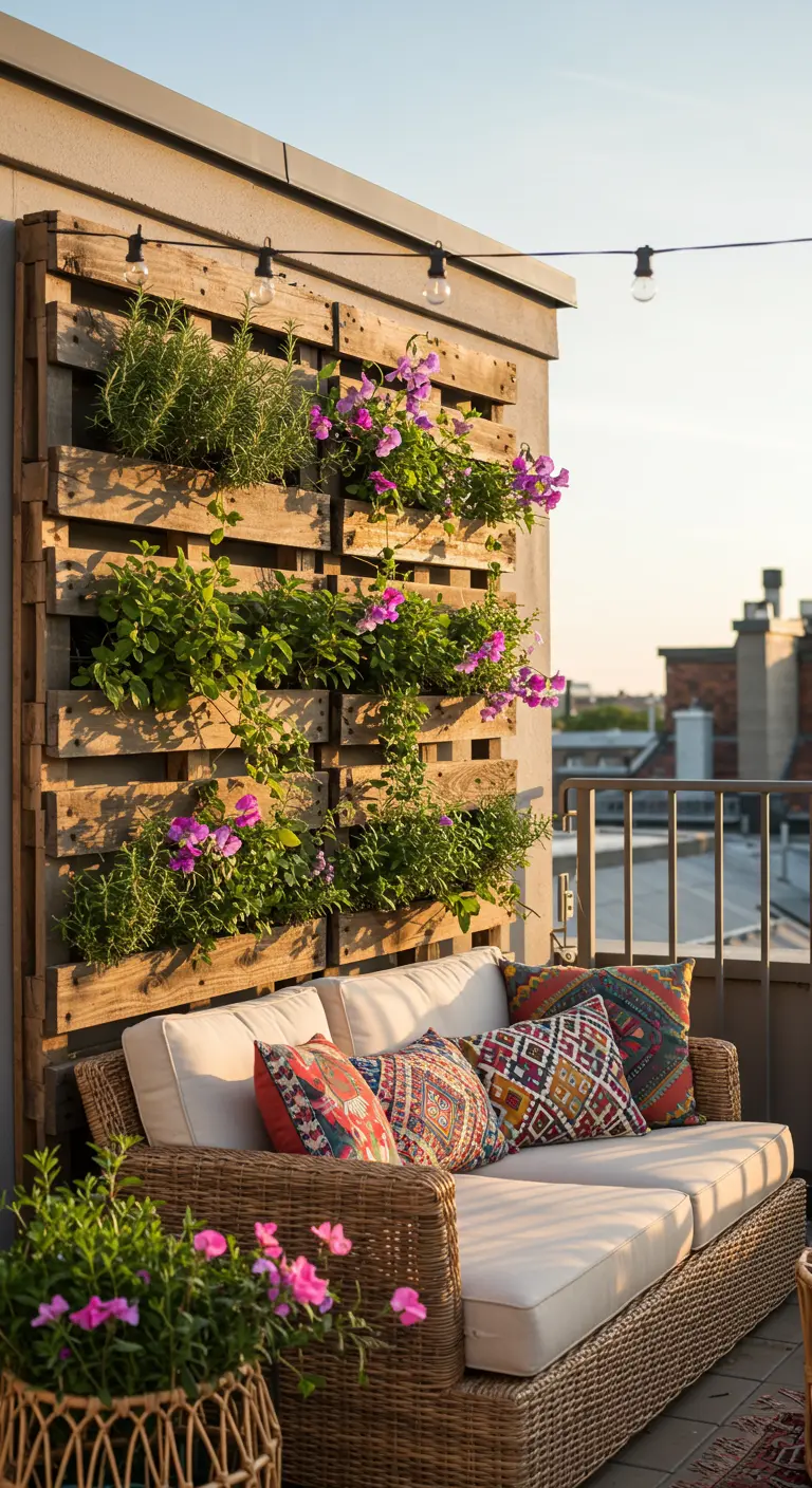 Houten pallet aan de muur, gebruikt als verticale plantenbak vol bloemen.