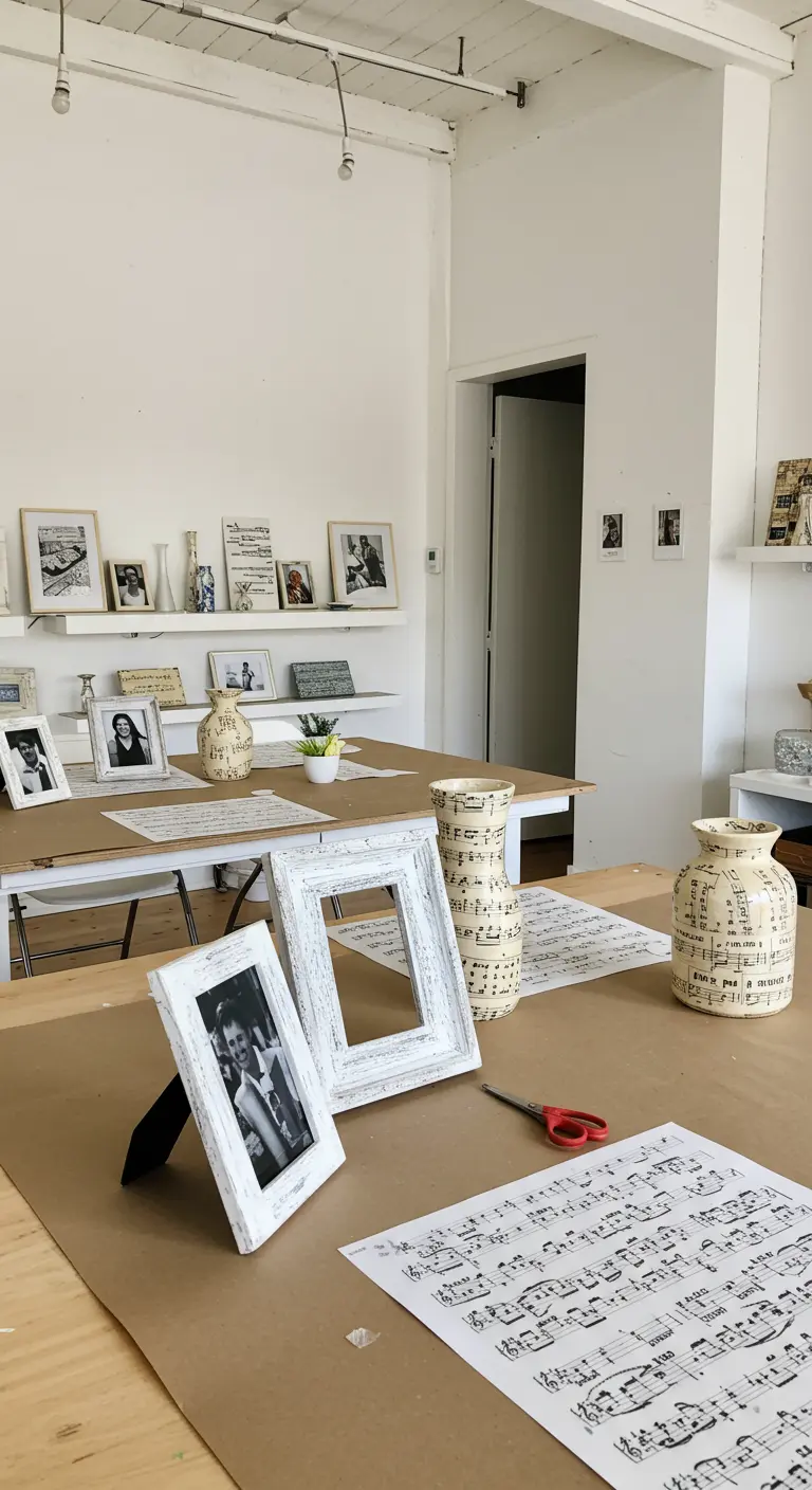 Werktafel met vazen en fotolijstjes die beplakt worden met bladmuziek.