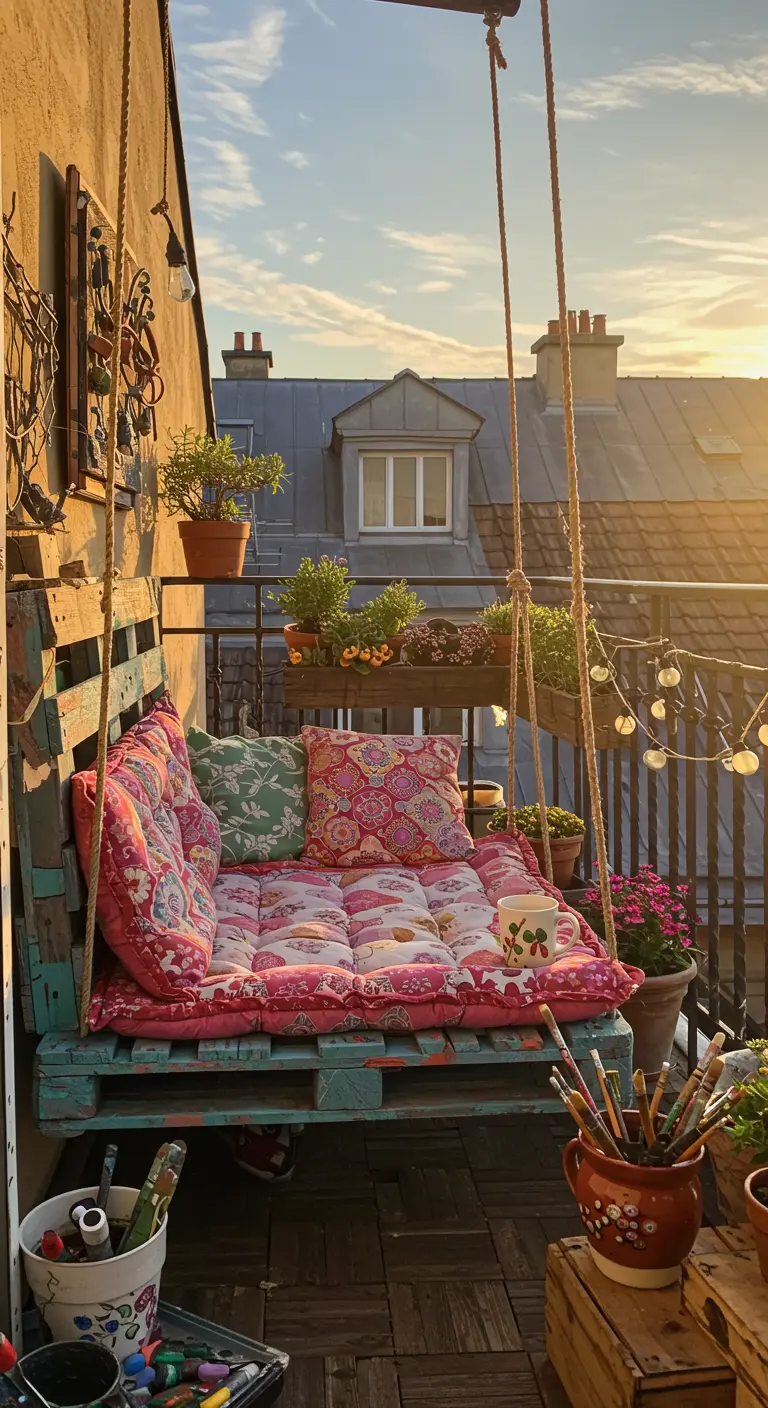 DIY pallet schommelbank met kleurrijke kussens op een balkon met uitzicht over daken bij zonsopgang.