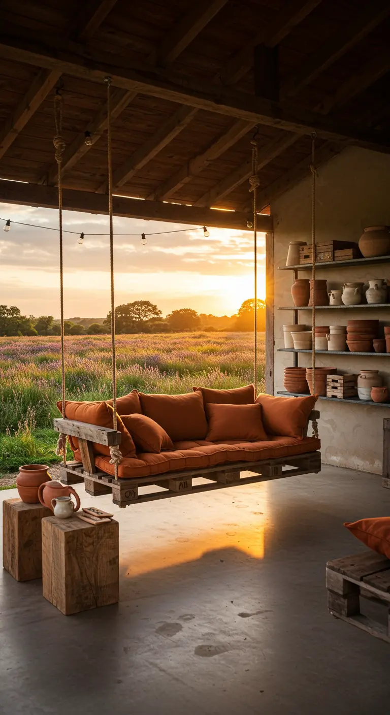 Grote DIY-schommelbank van pallets met oranje kussens, met uitzicht op een veld.