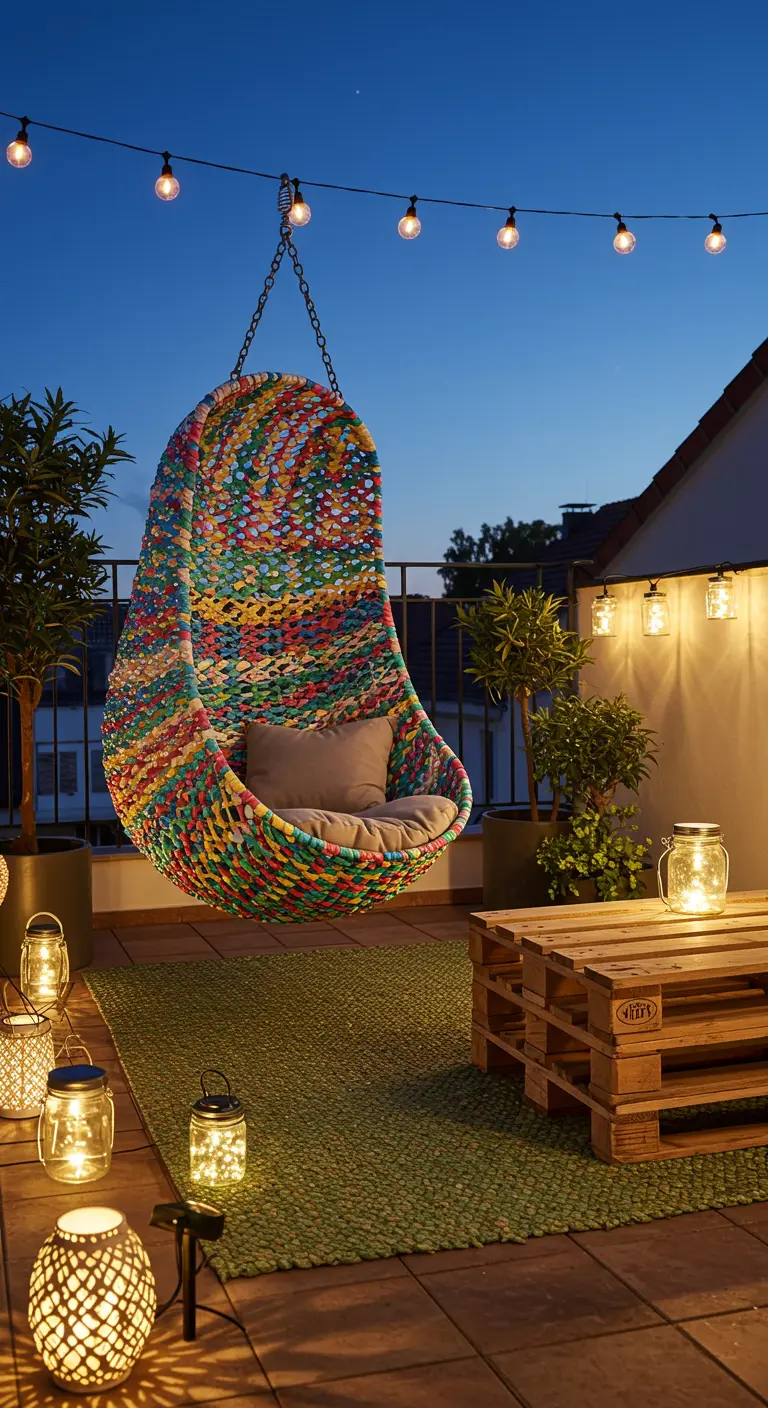 Kleurrijke, zelfgemaakte hangstoel op een balkon met een pallet-tafel en solar-lantaarns.