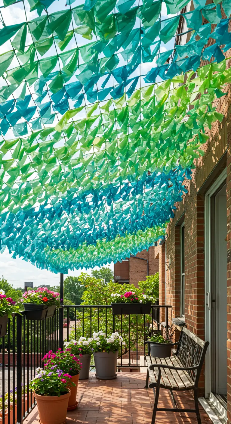 Creatieve overkapping gemaakt van honderden groene en blauwe plastic driehoekjes.