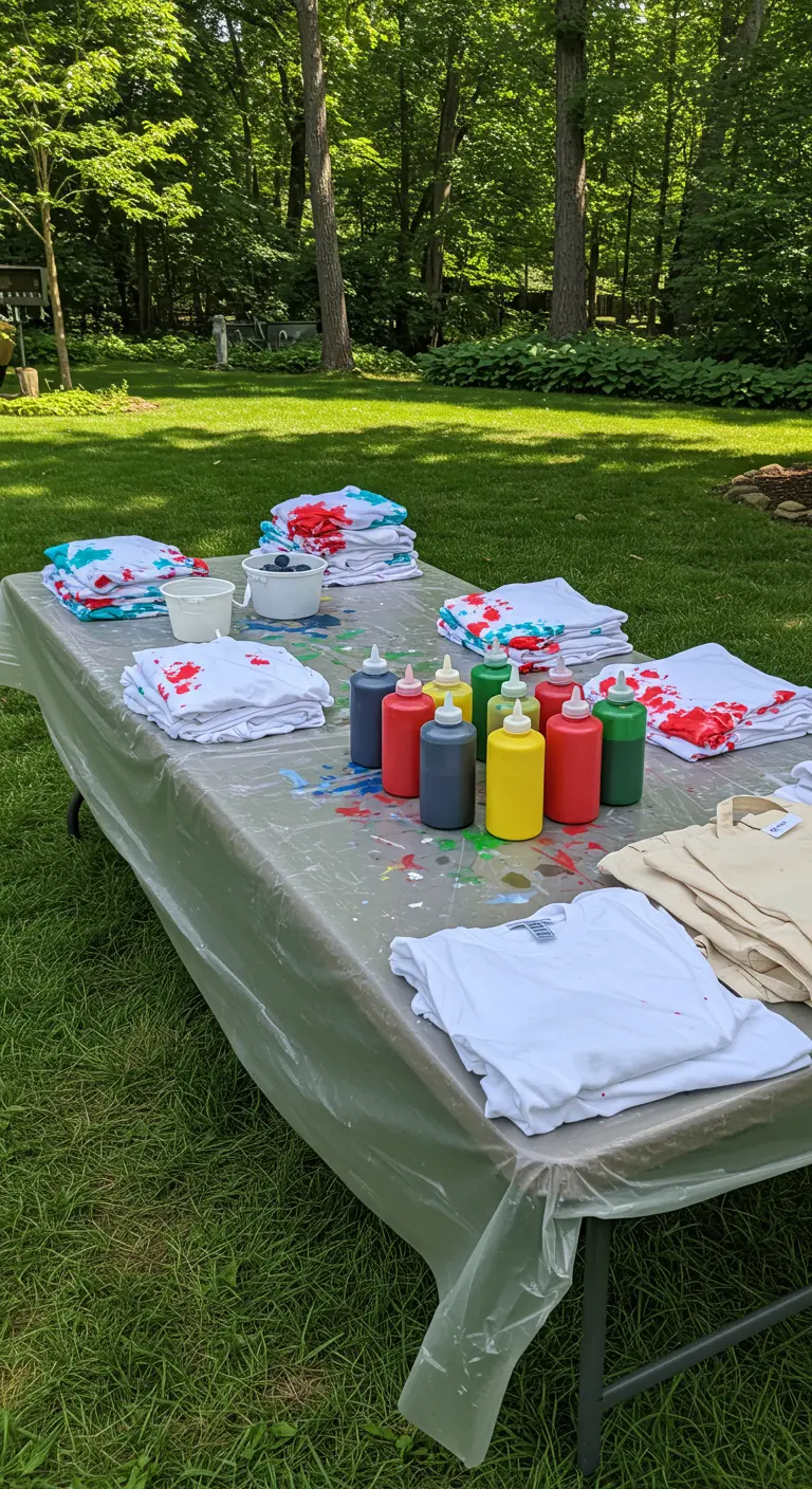 Buitentafel met witte T-shirts en flesjes textielverf voor een tie-dye activiteit.