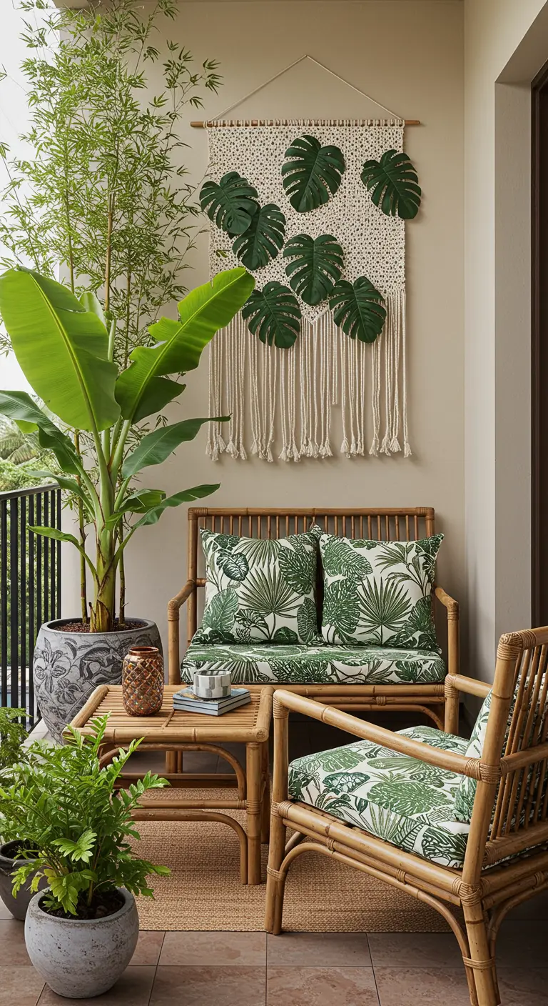 Balkon met bamboe meubels en een macramé wandhanger versierd met Monstera-bladeren.