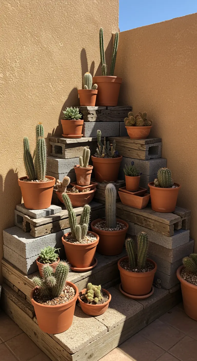 Hoek met een trapconstructie van betonblokken en hout, vol met cactussen in terracotta potten.