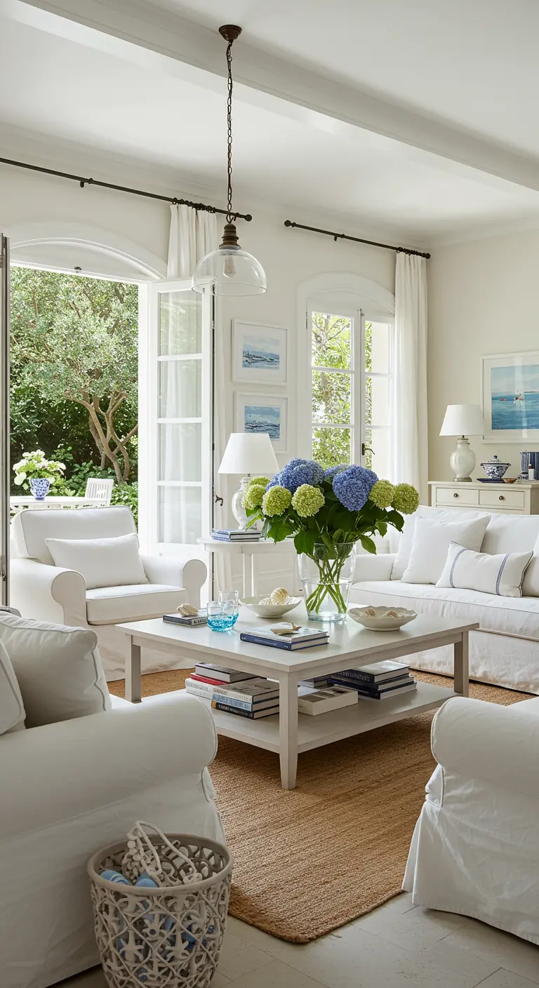 Witte woonkamer met blauwe accenten, grote salontafel met hortensia's en tuinzicht.