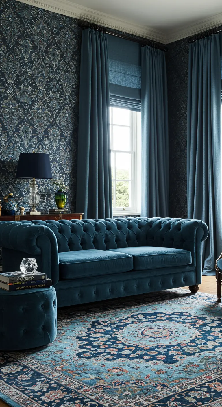 Klassieke woonkamer met een petrolblauwe Chesterfield bank, donkerblauwe gordijnen en patroonbehang.