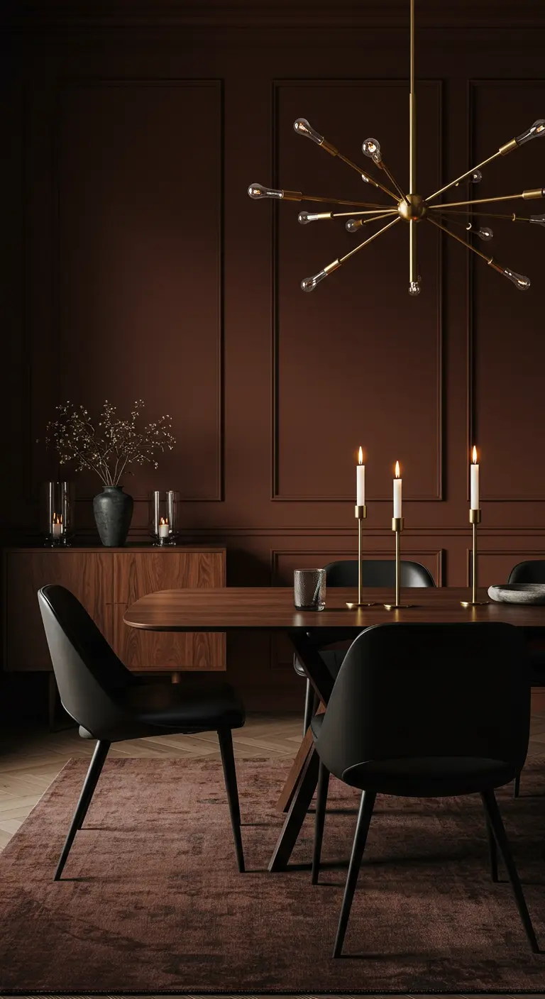 Chique, donkerbruine eetkamer met wandpanelen, zwarte stoelen en een gouden hanglamp.