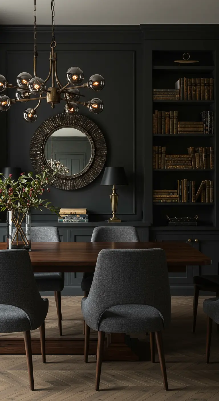 Donkere, sfeervolle eethoek met grijze muren, houten tafel en een moderne, bronzen kroonluchter.
