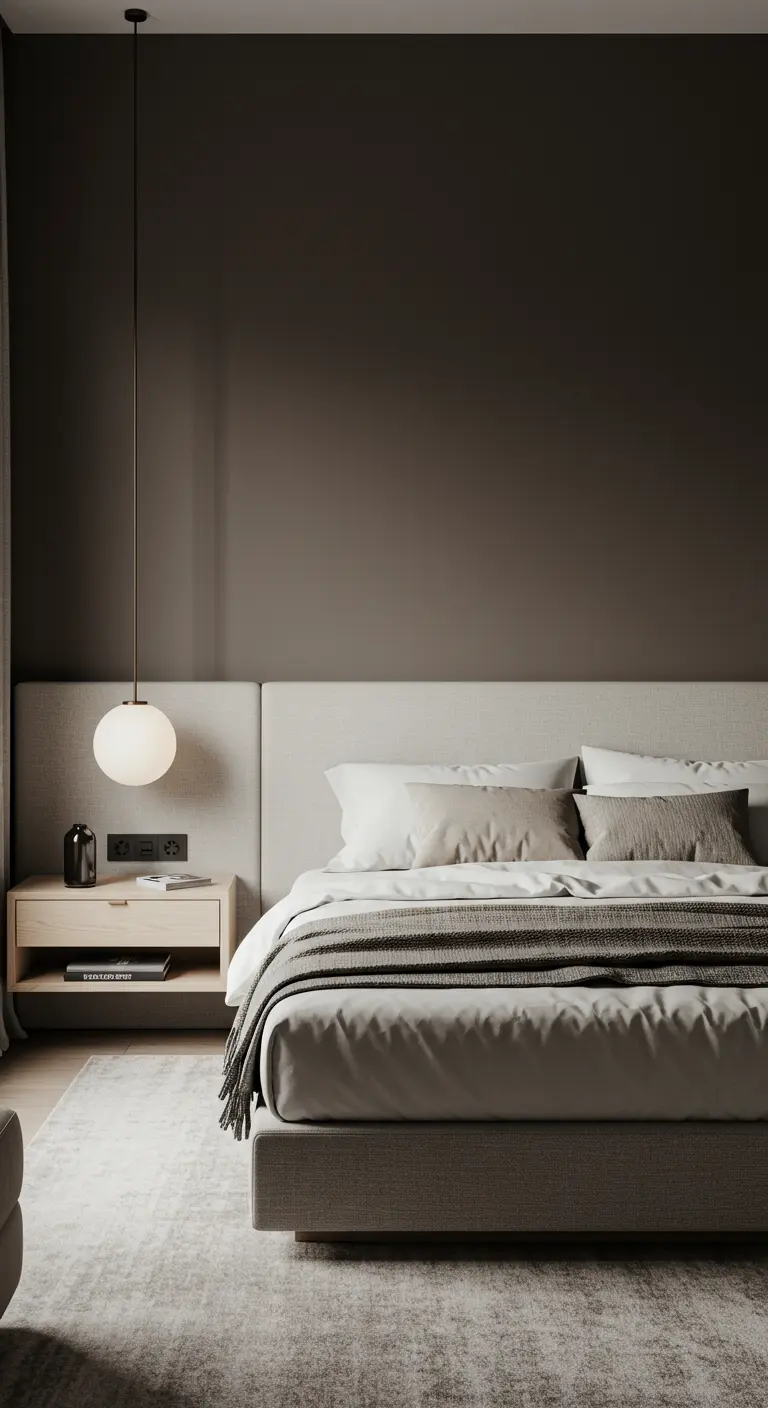 Minimalistische slaapkamer met donkere muren, een laaghangende bolvormige lamp en een strak bed.