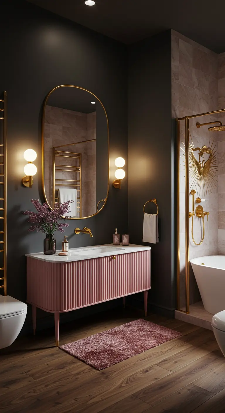 Donkere badkamer met een roze wastafel, gouden details en een donkerroze badmat.