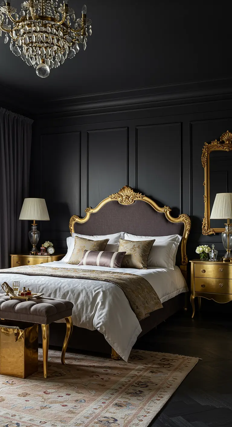 Slaapkamer met zwarte wandpanelen, een sierlijk goud-met-paars bed en gouden nachtkastjes.