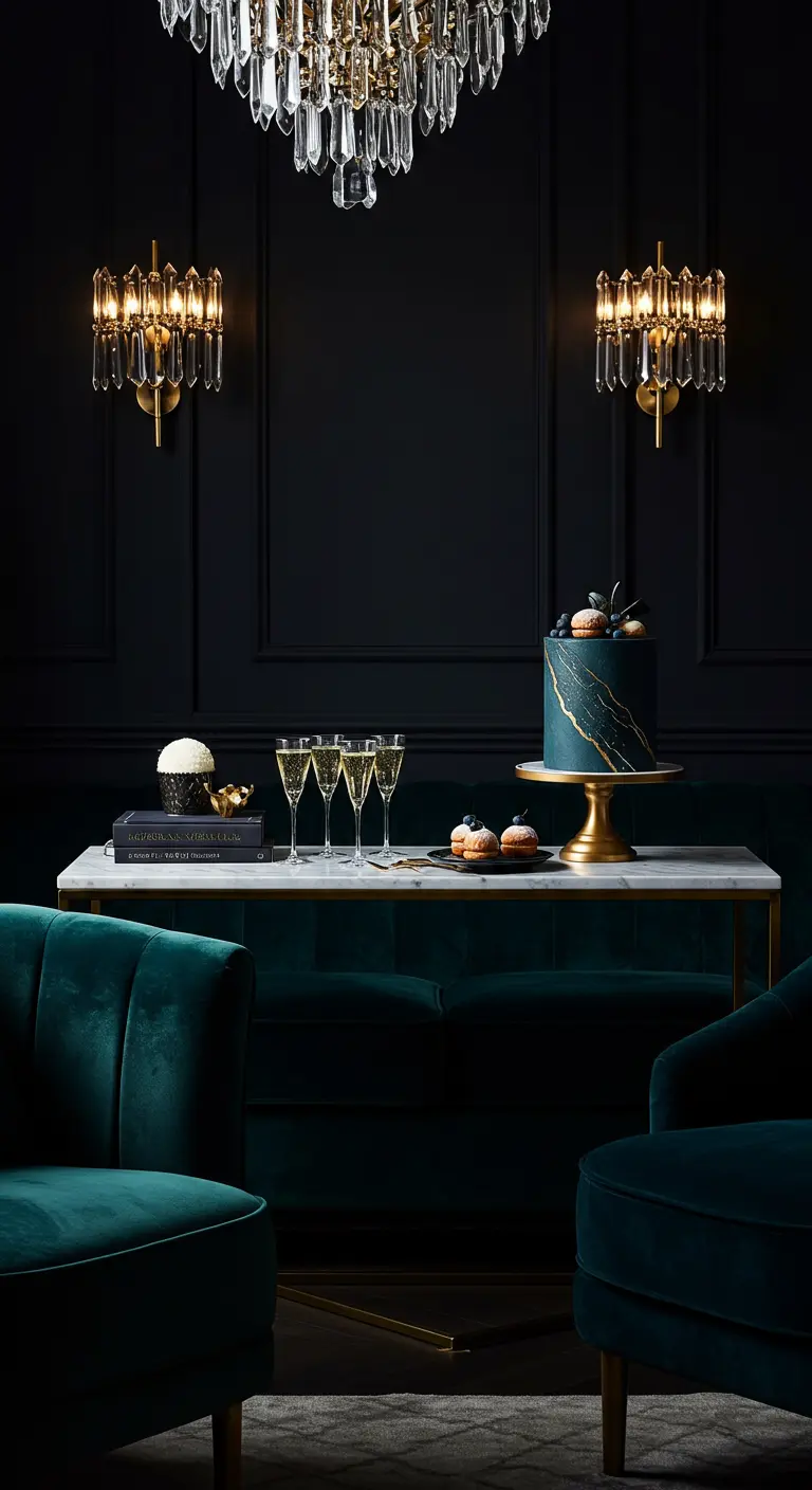Luxe desserttafel in een donkergroene kamer, met een fluwelen bank en gouden accenten.