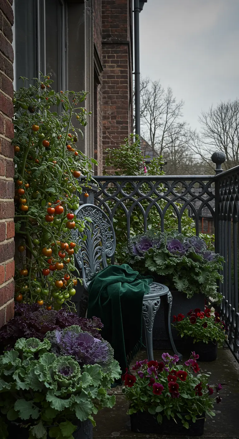 Gietijzeren stoel omringd door paarse sierkool en tomatenplanten.