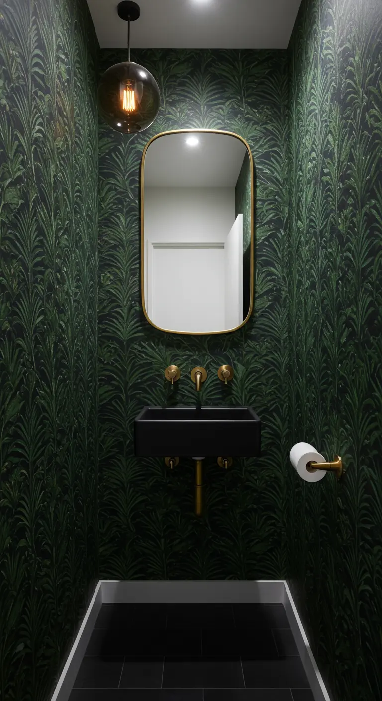 Klein toilet met donkergroen bladbehang, zwarte wasbak en gouden accenten.