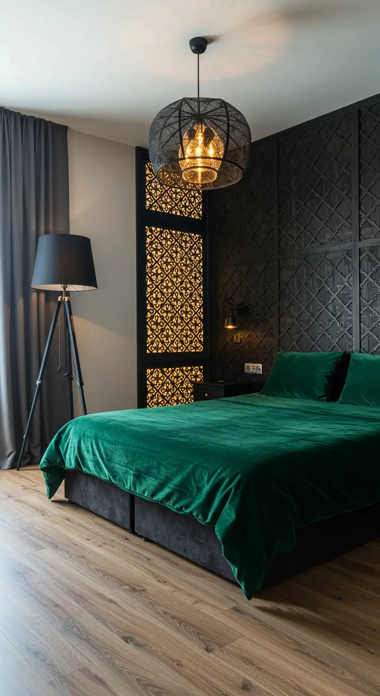 Moderne donkere slaapkamer met een smaragdgroen bed en zwarte opengewerkte panelen.