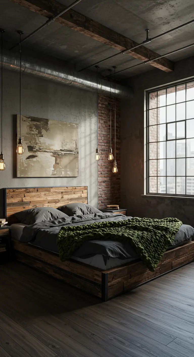 Donkere slaapkamer met industriële bakstenen muur, houten bed met grofgebreide plaid, en Edison-lampen.