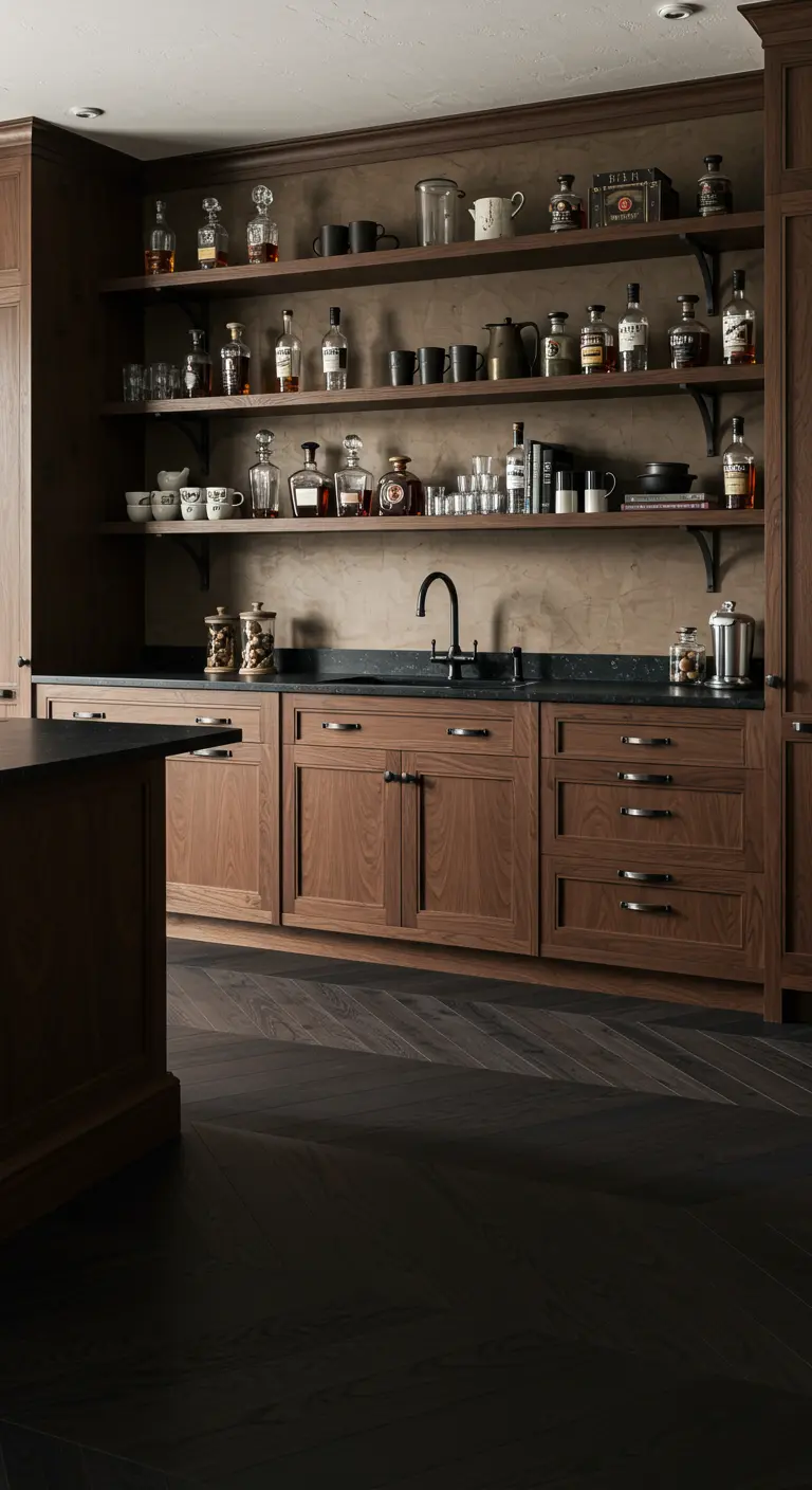 Donkerhouten keuken met een donkere visgraatvloer en een muur met betonlook.