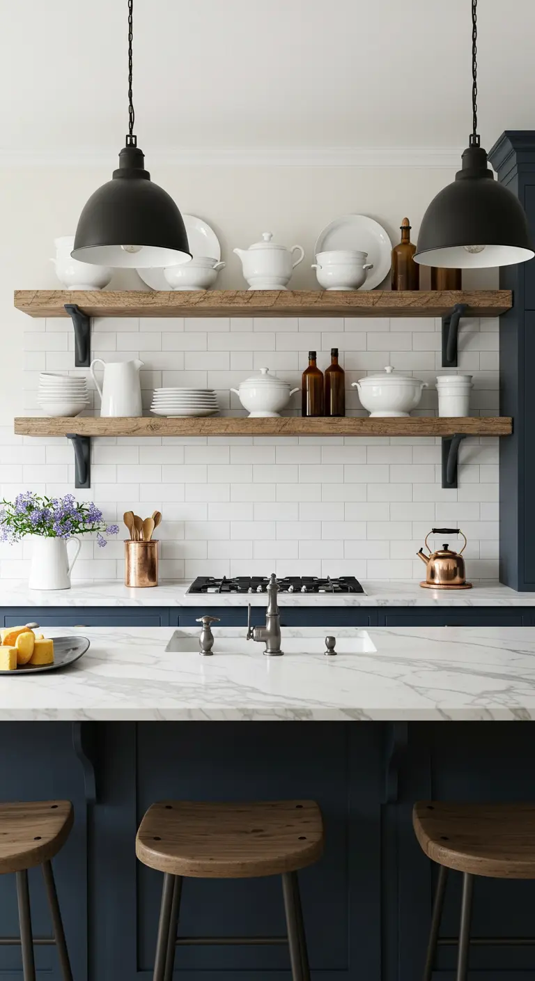 Donkerblauwe keuken met marmeren blad en open planken met wit servies.