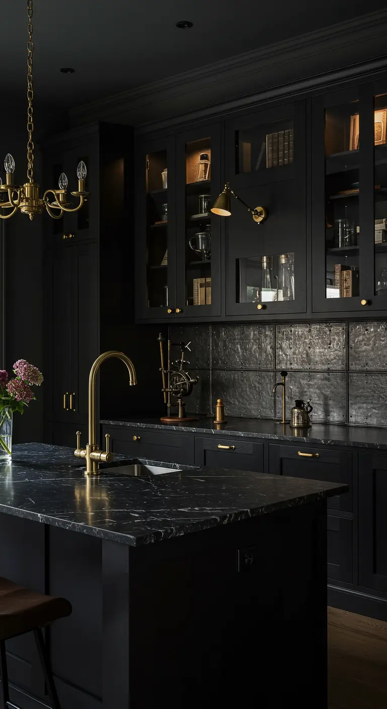 Zwarte keuken met gouden kroonluchter, glazen kastdeuren en gouden accenten.