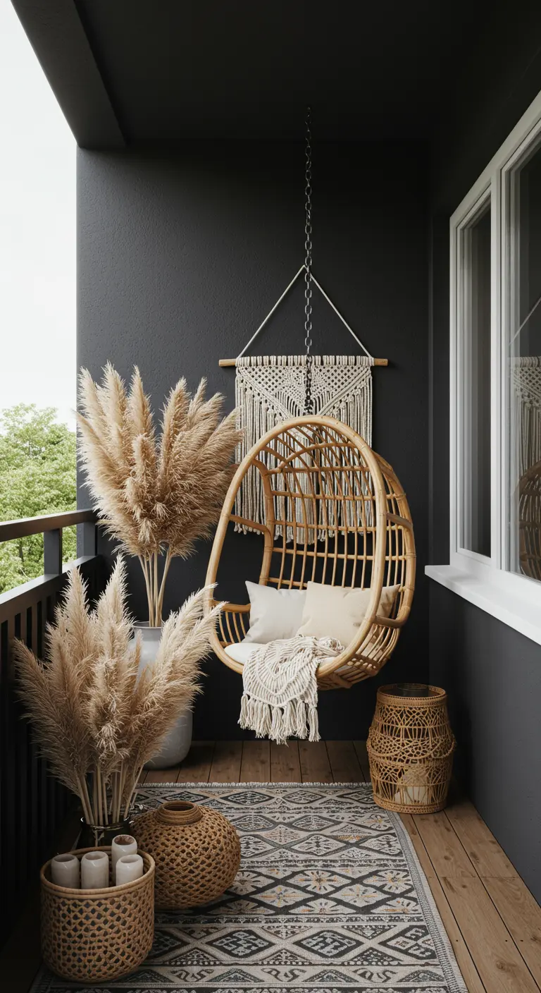 Balkon met zwarte muur, rotan hangstoel en grote bossen pampasgras.