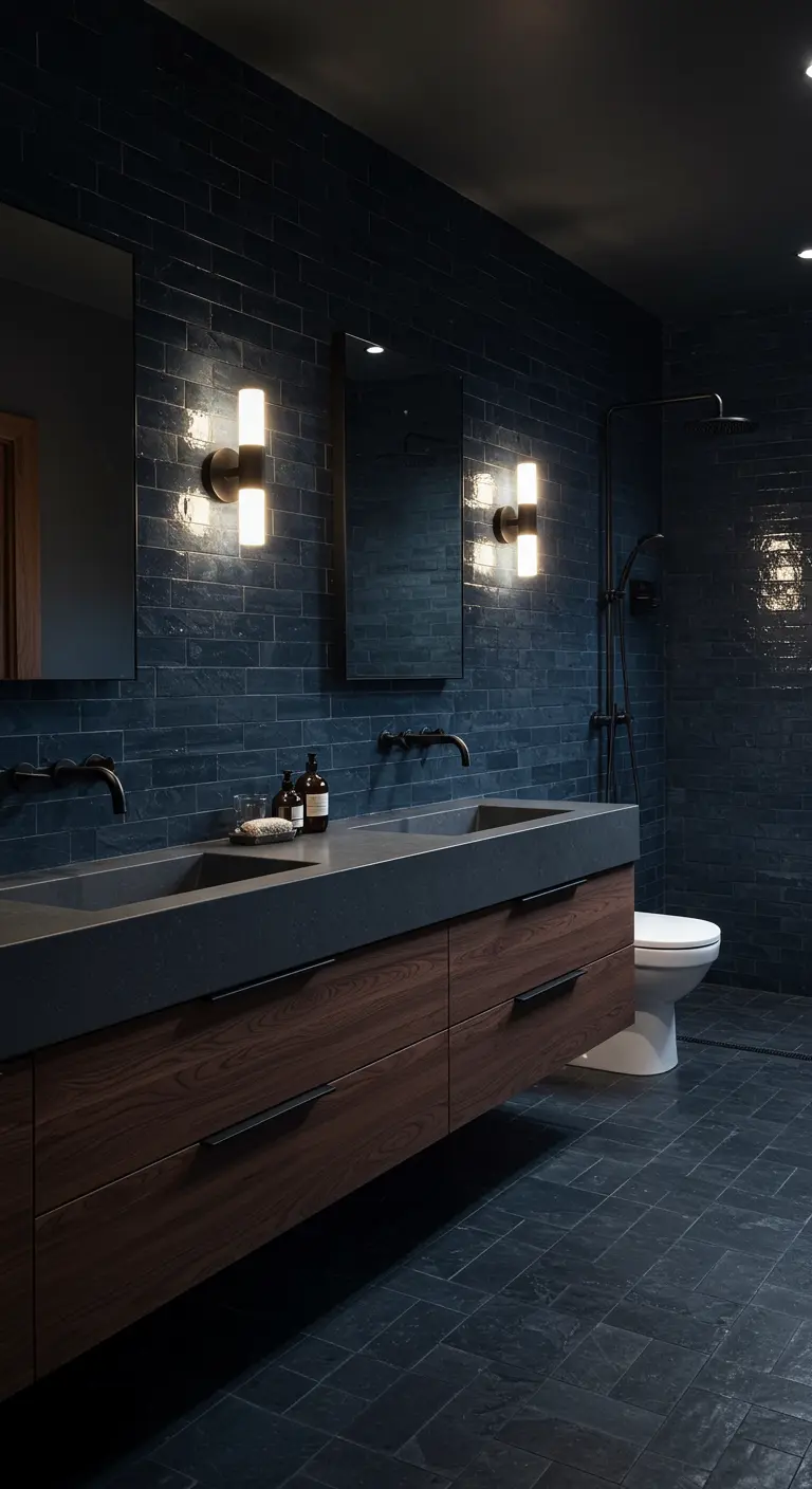 Donkere badkamer met nachtblauwe zellige muren, dubbele wastafel en sfeervolle verlichting.